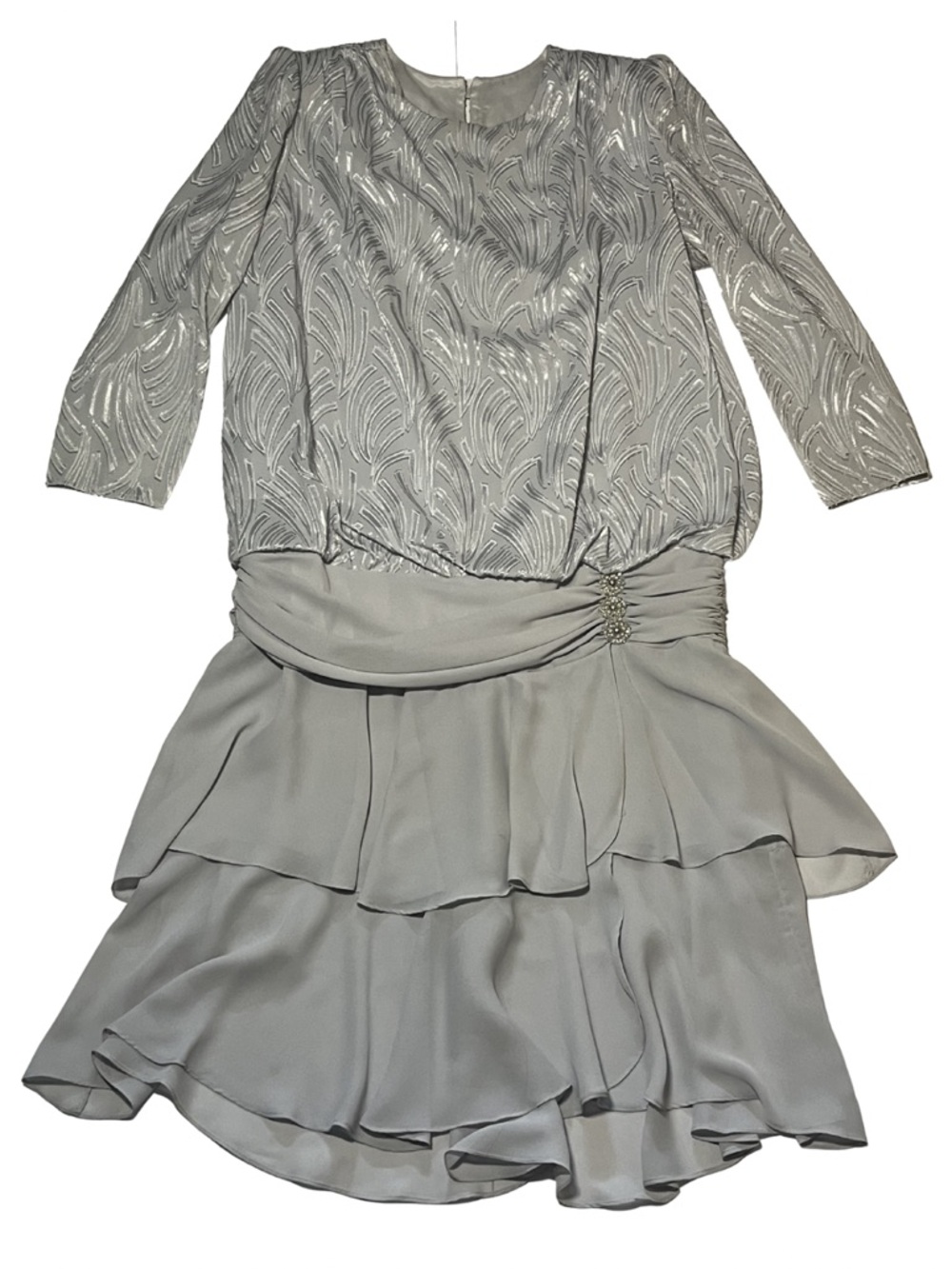 Vintage Samuel Scott 22 Silver Metallic Dress Beaded Waist Ruffle Skirt Formal